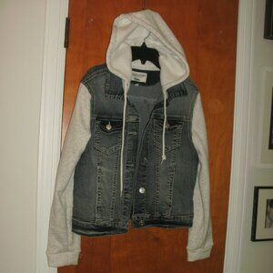 WallFlower Blue Denim Trucker Jacket with Attached Gray Fleece Hoodie size L